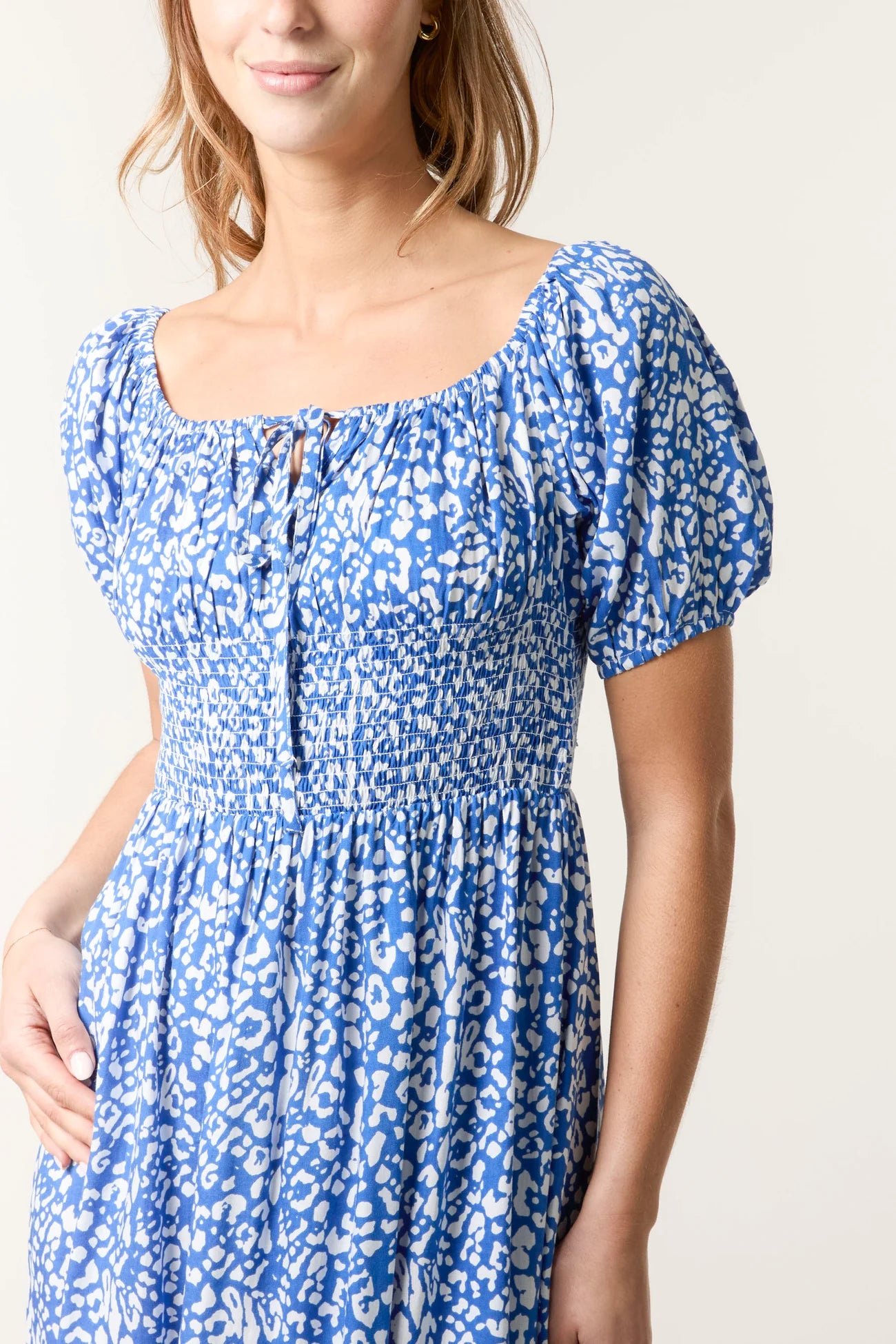 Ditsy Animal Tie Front Shirred Maxi Dress