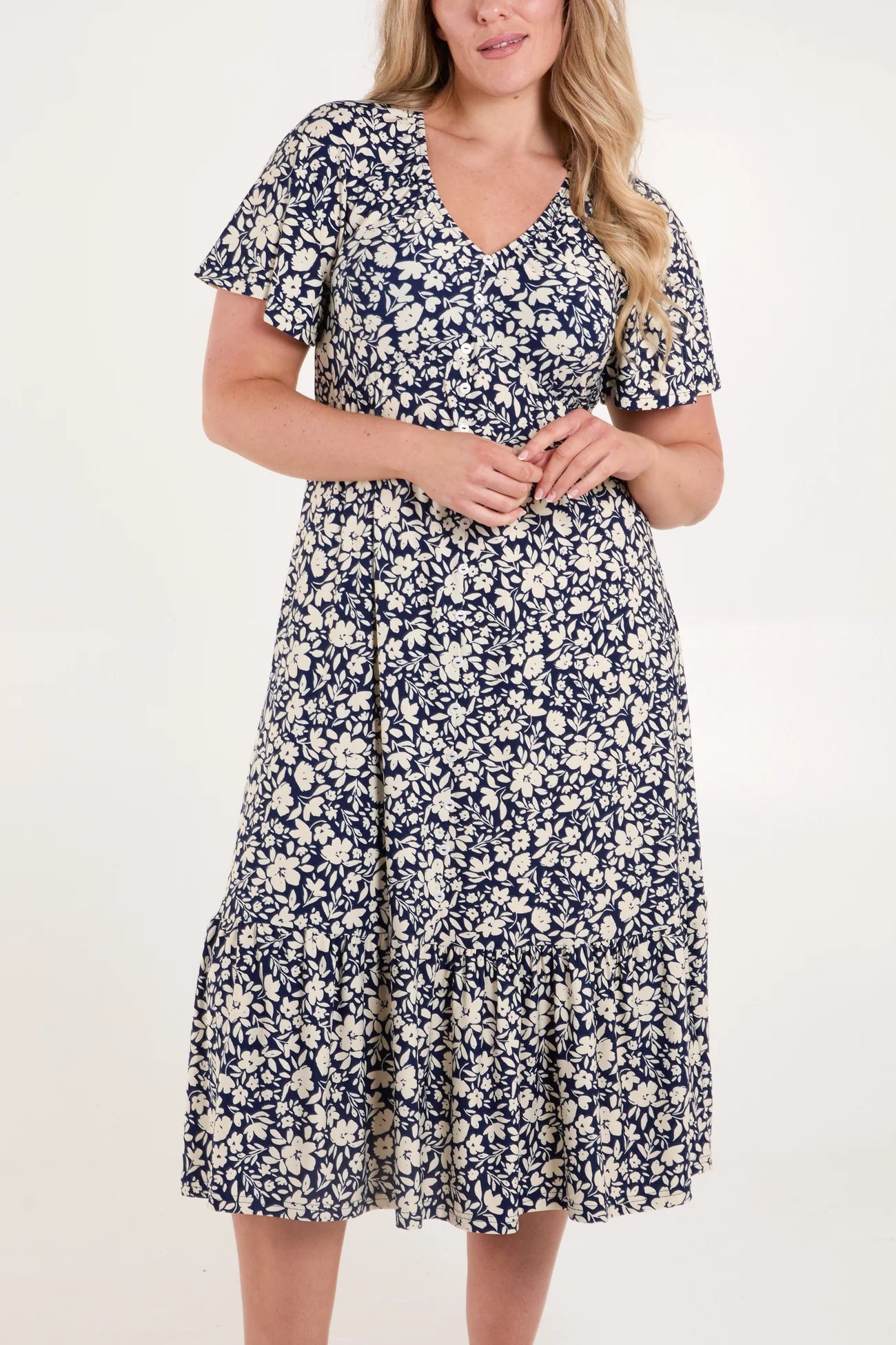 Floral Print Button Front Midi Dress in Navy