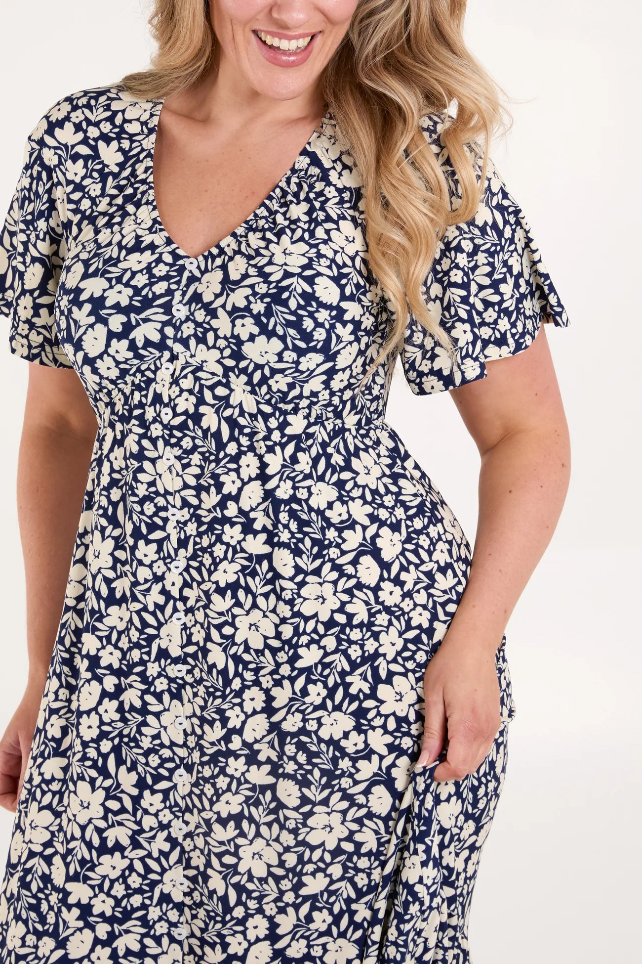 Floral Print Button Front Midi Dress in Navy