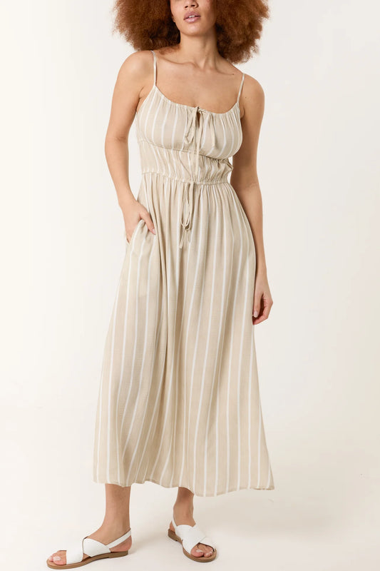 Pinstripe Double Tie Beige Cami Dress