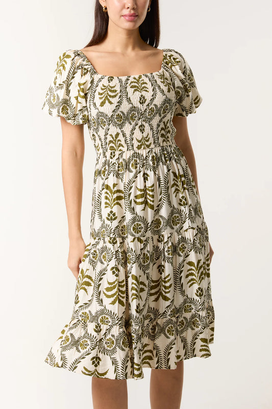Damask Print Puff Sleeve Midi Dress in Khaki