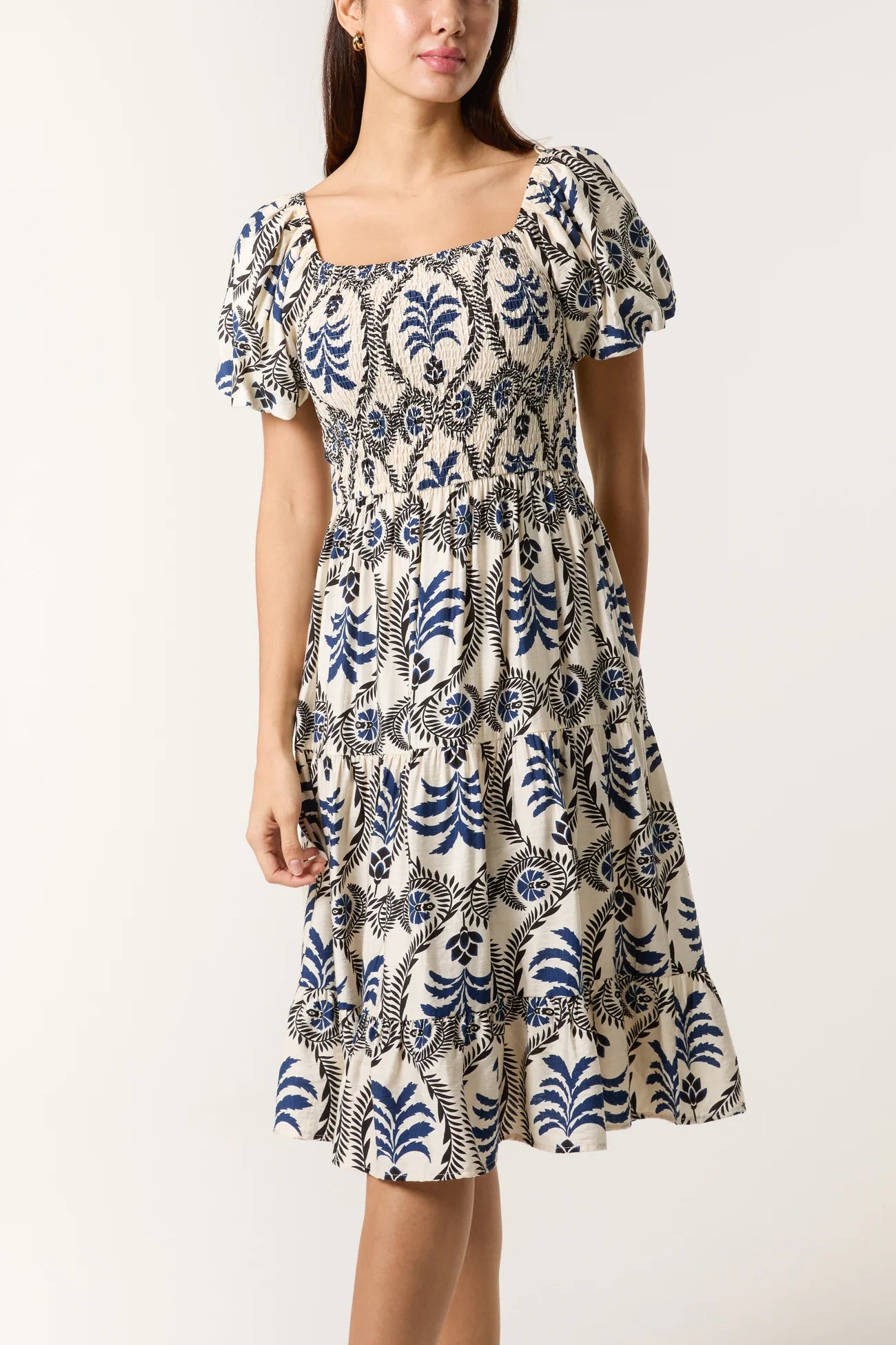 Damask Print Puff Sleeve Midi Dress in Blue