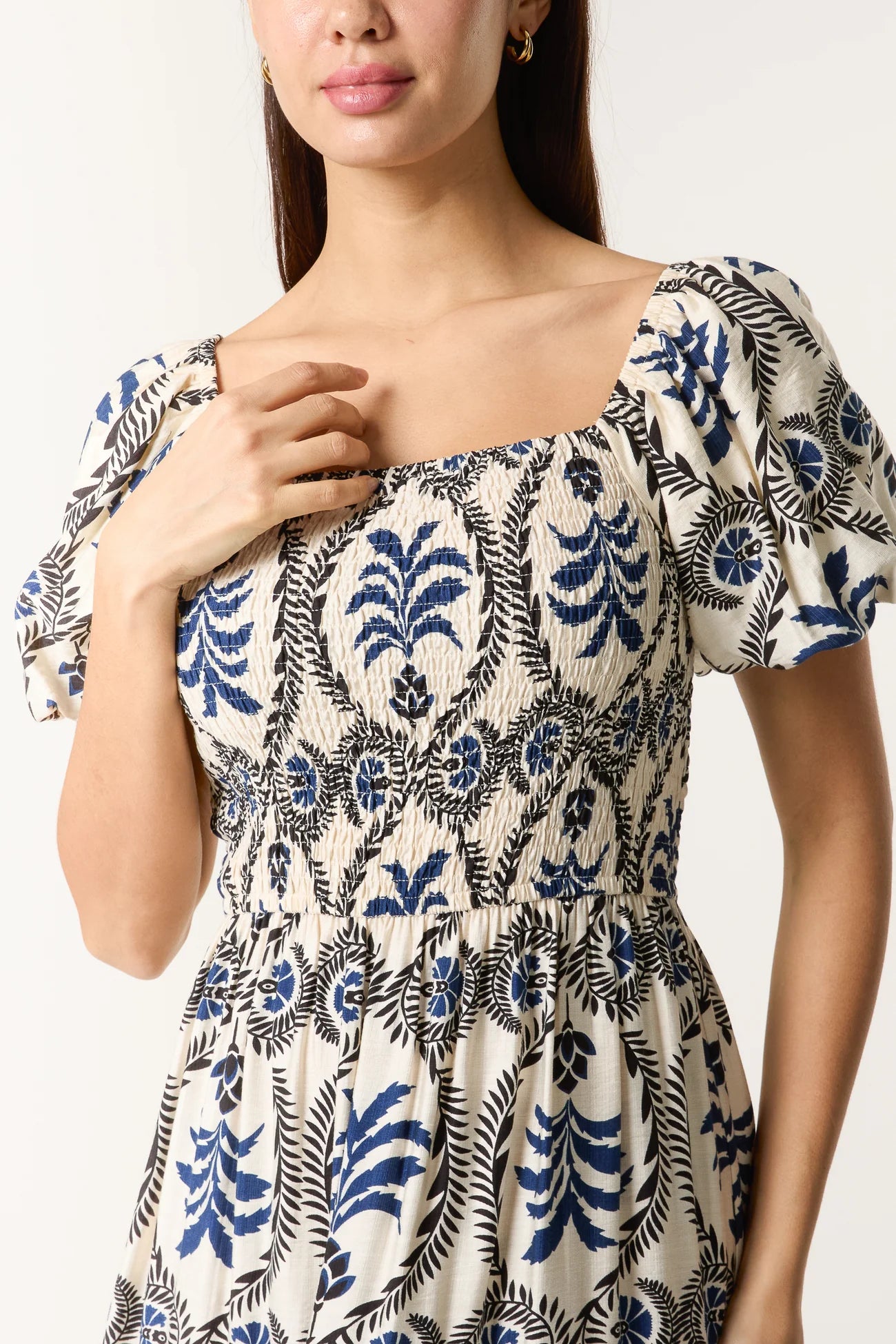 Damask Print Puff Sleeve Midi Dress in Blue