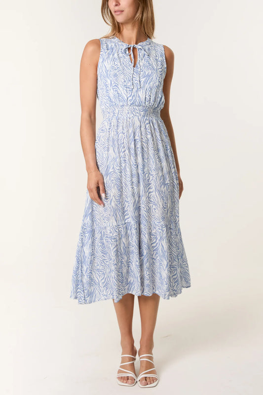 Tiger Stripe Tie Neck Shirred Waist Dress in Blue