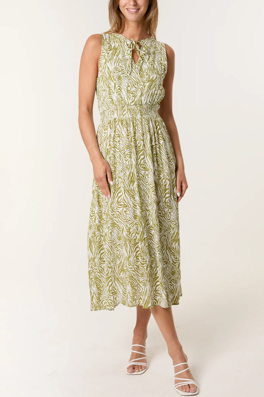 Tiger Stripe Tie Neck Shirred Waist Dress in Khaki