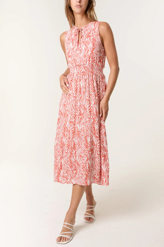 Tiger Stripe Tie Neck Shirred Waist Dress in Orange