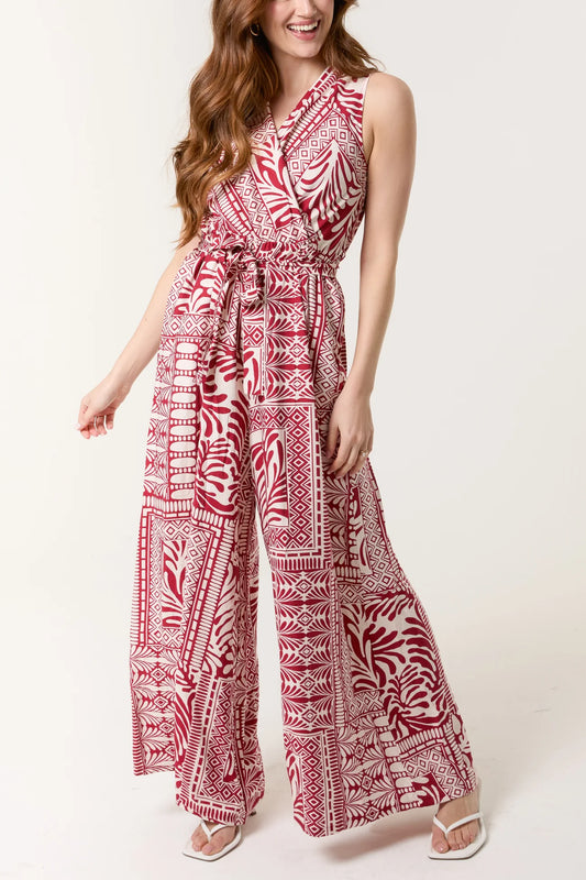 Mixed Print Wrap Front Jumpsuit in Red