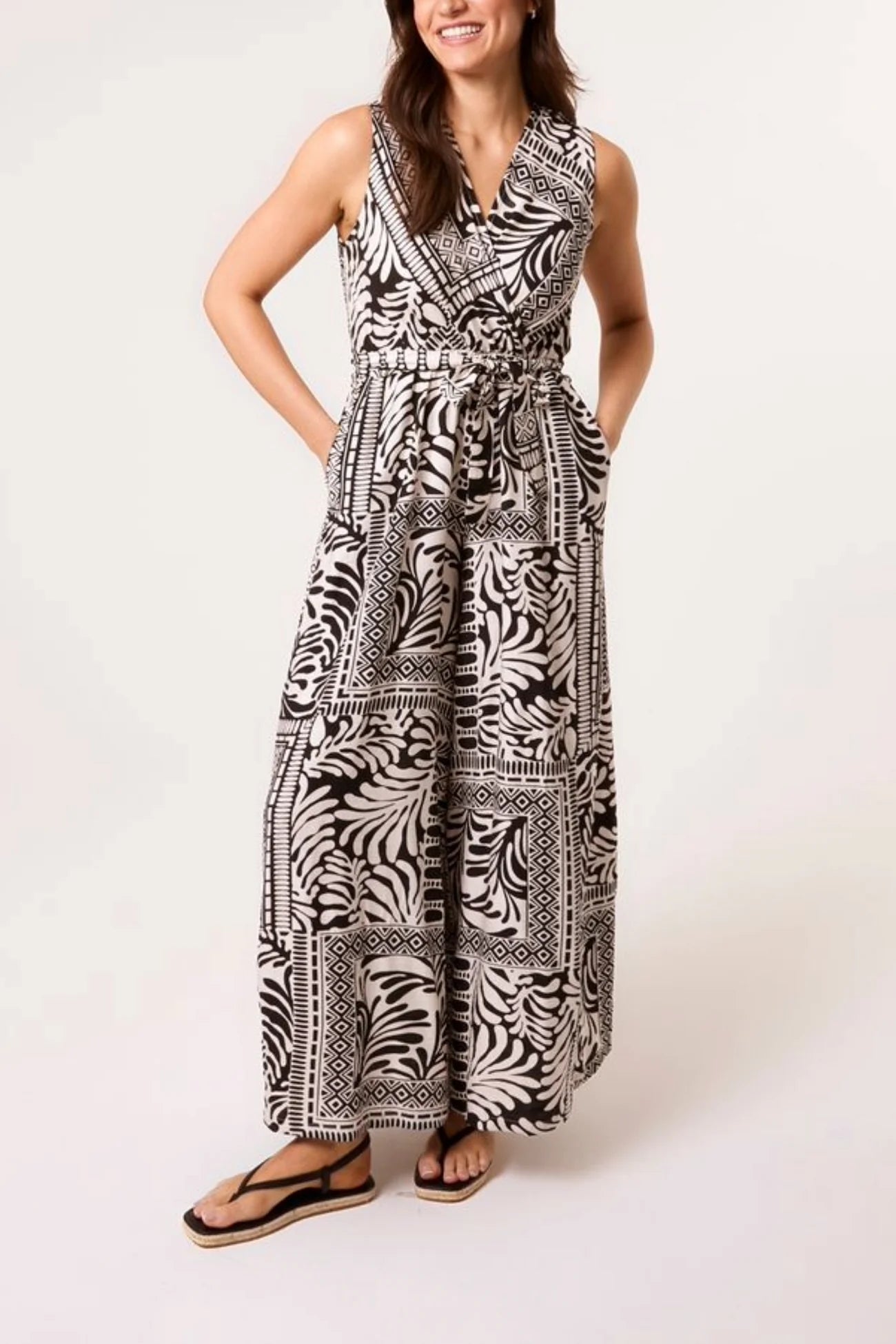 Mixed Print Wrap Front Jumpsuit in Black