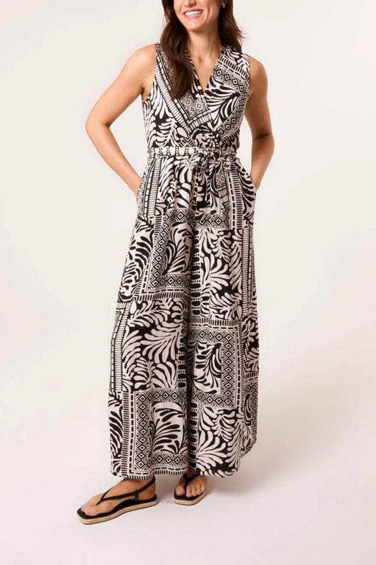 Mixed Print Wrap Front Jumpsuit in Black