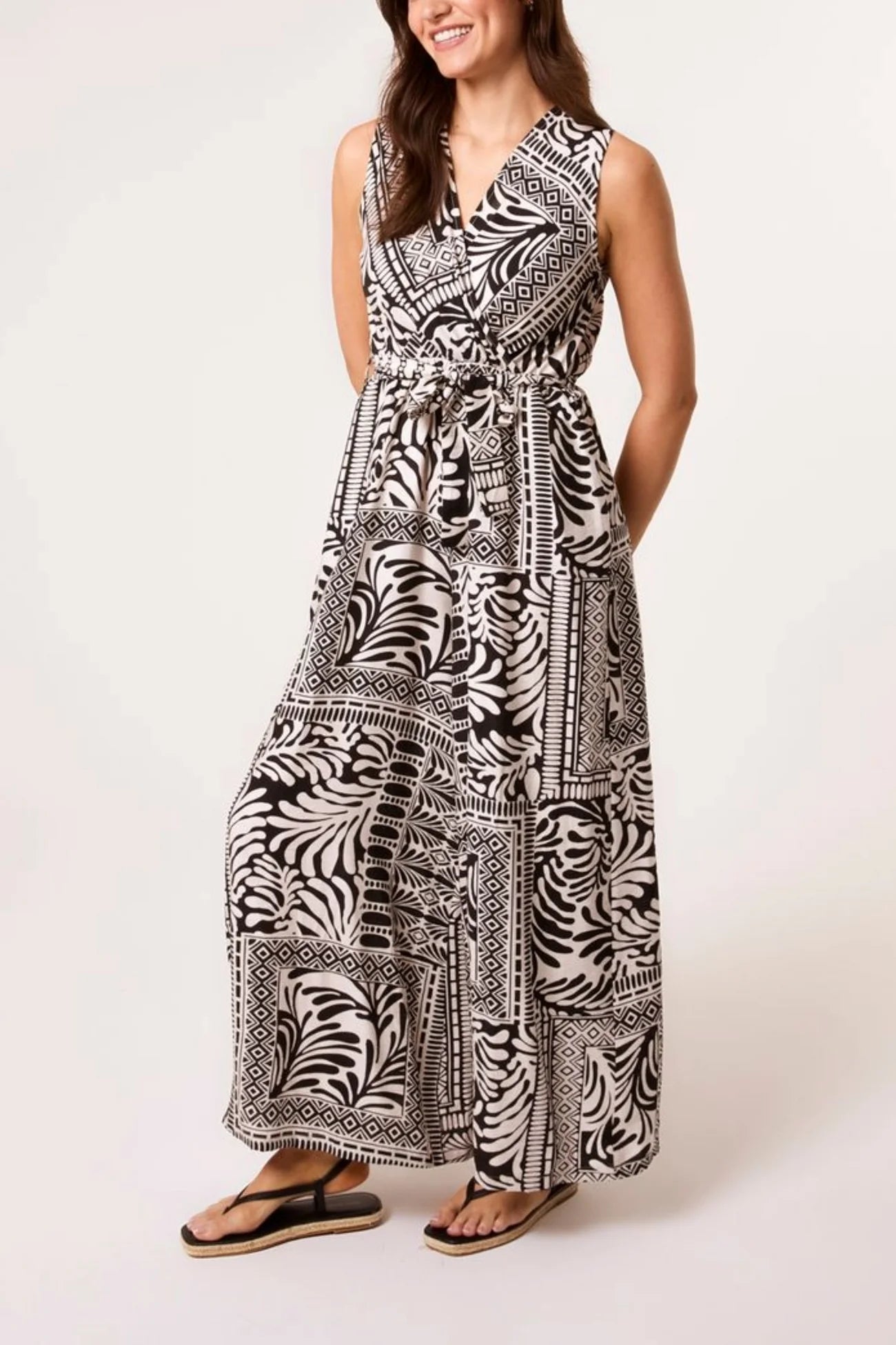 Mixed Print Wrap Front Jumpsuit in Black