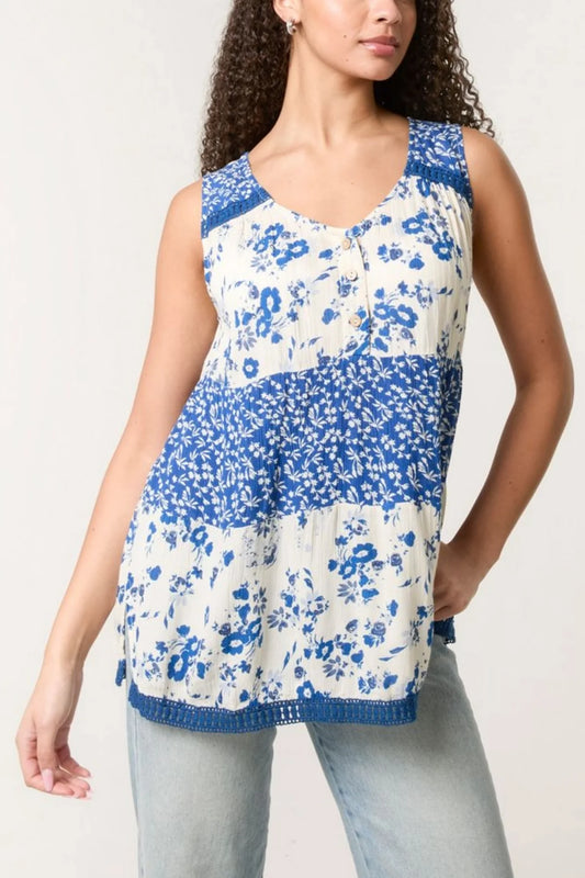 Mixed Ditsy Floral Print Button Top in Blue