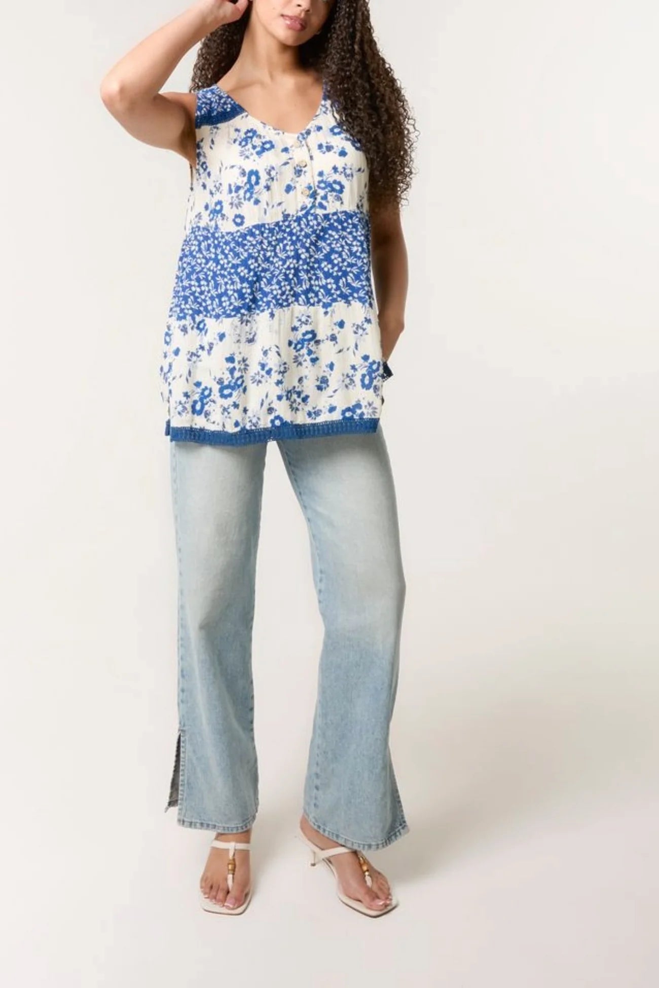 Mixed Ditsy Floral Print Button Top in Blue