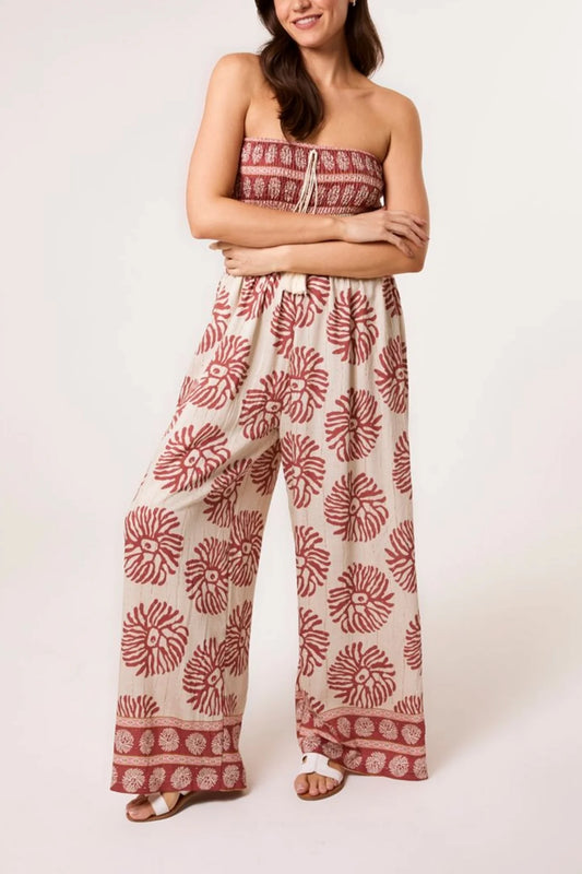 Printed Shirred Bandeau Jumpsuit in Coral