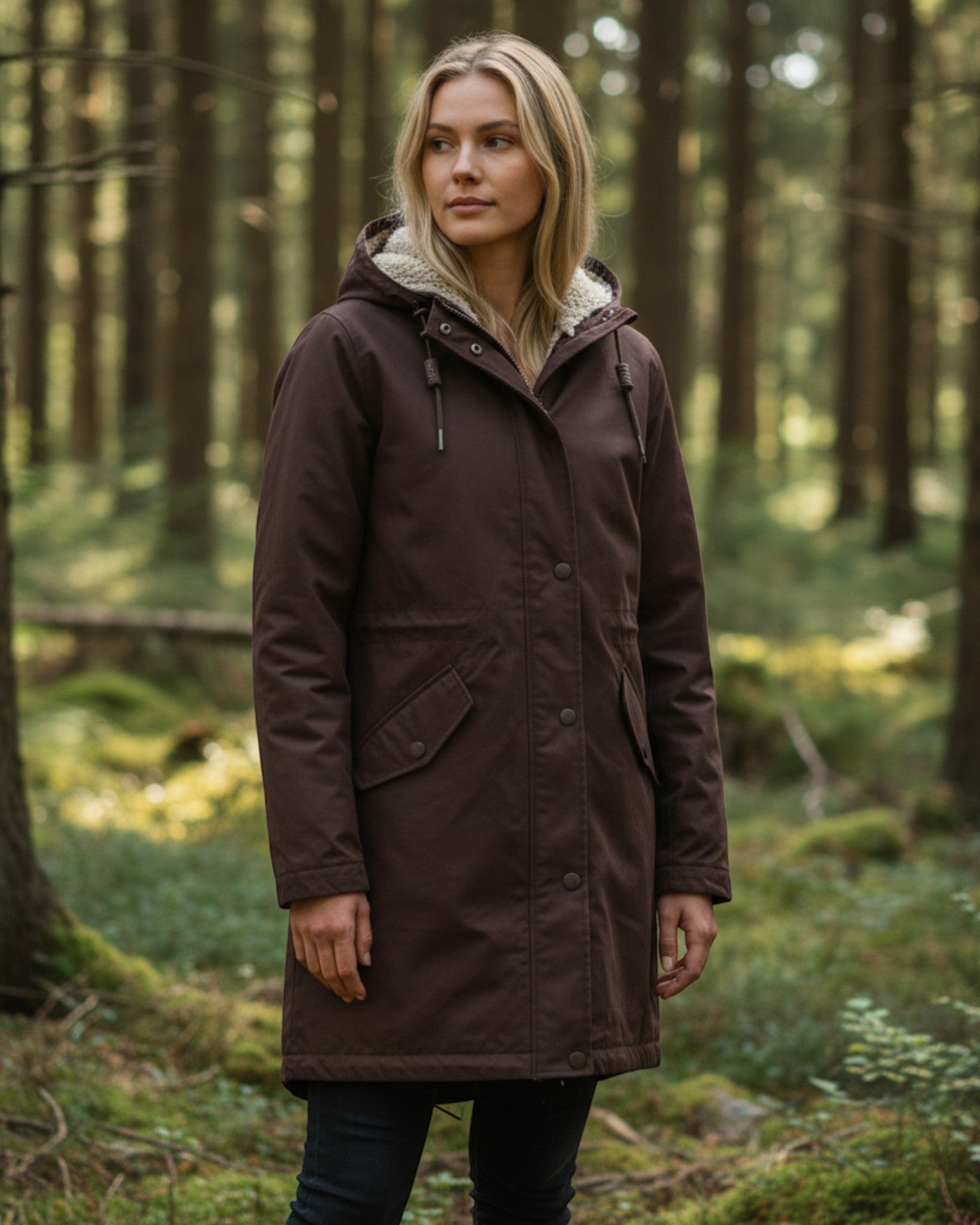 Get The High Street Seasalt brown waterproof hooded coat with fleece lining worn by a woman in a forest