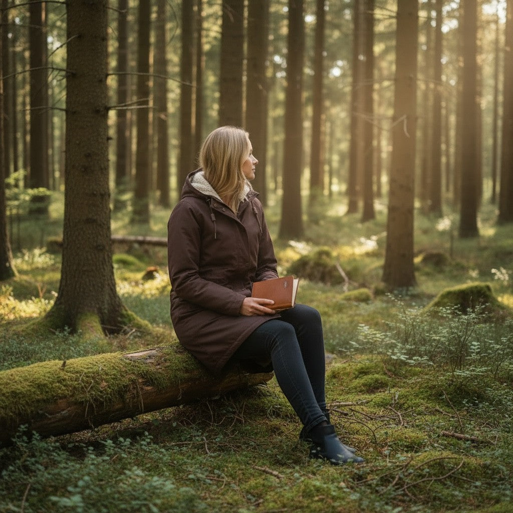 Get The High Street Seasalt brown waterproof coat worn by a woman sitting on a mossy log in a forest