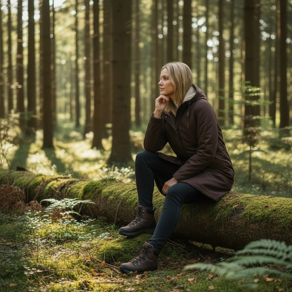 Woman wearing a brown Get The High Street Seasalt Plant Hunter waterproof coat while sitting on a mossy forest log