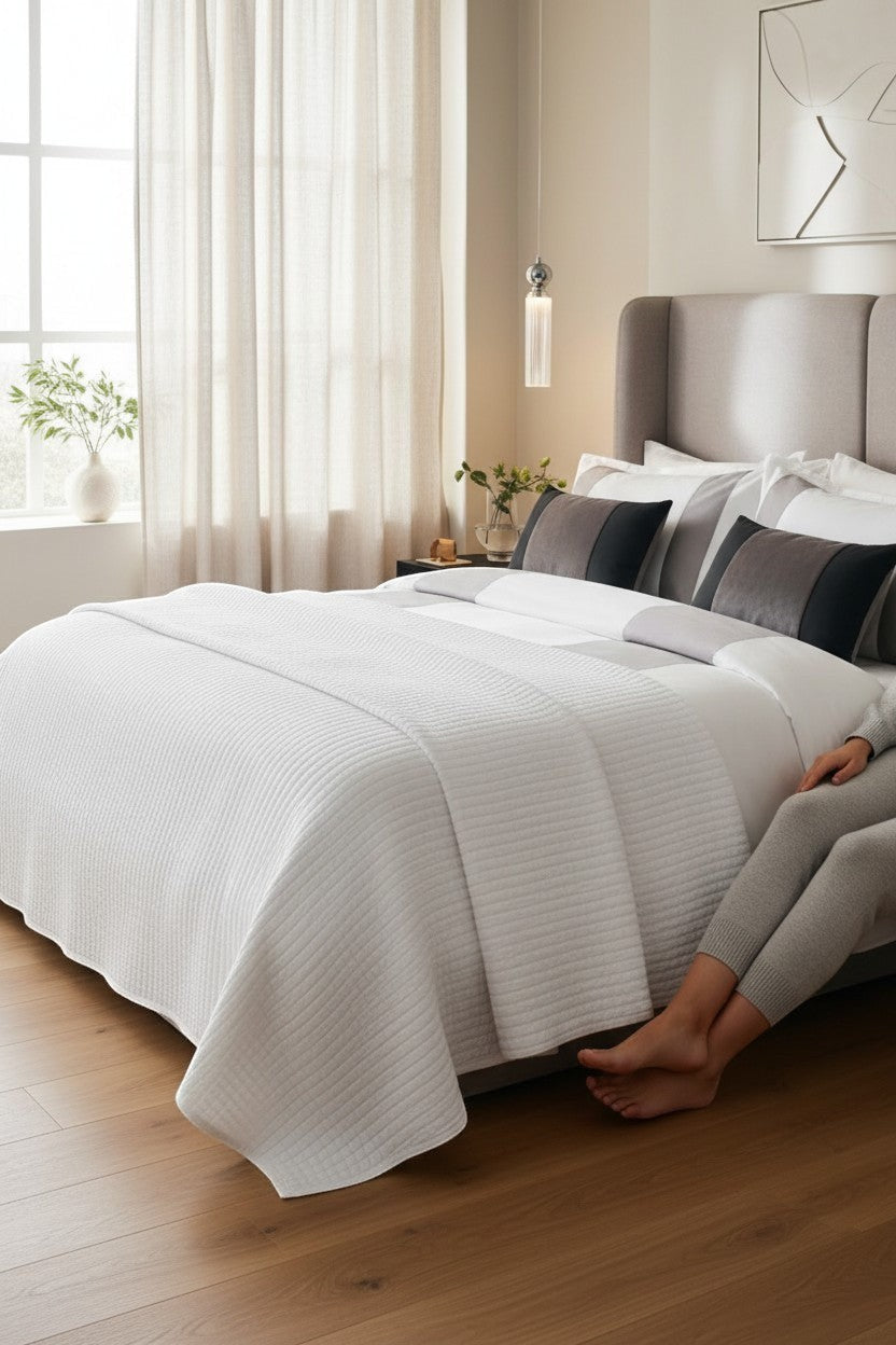 Get The High Street M&S X Kelly Hoppen white cotton and linen bedspread with quilted texture on a made bed