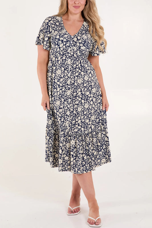 Floral Print Button Front Midi Dress in Navy