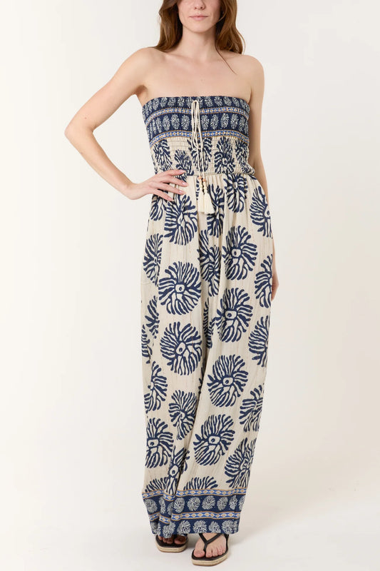 Printed Shirred Bandeau Jumpsuit in Blue