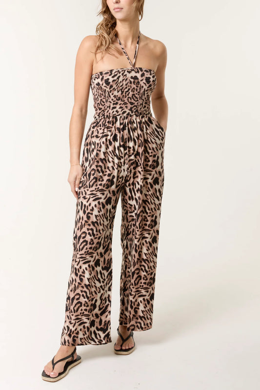 Leopard Print Shirred Bodice Halter Neck Jumpsuit